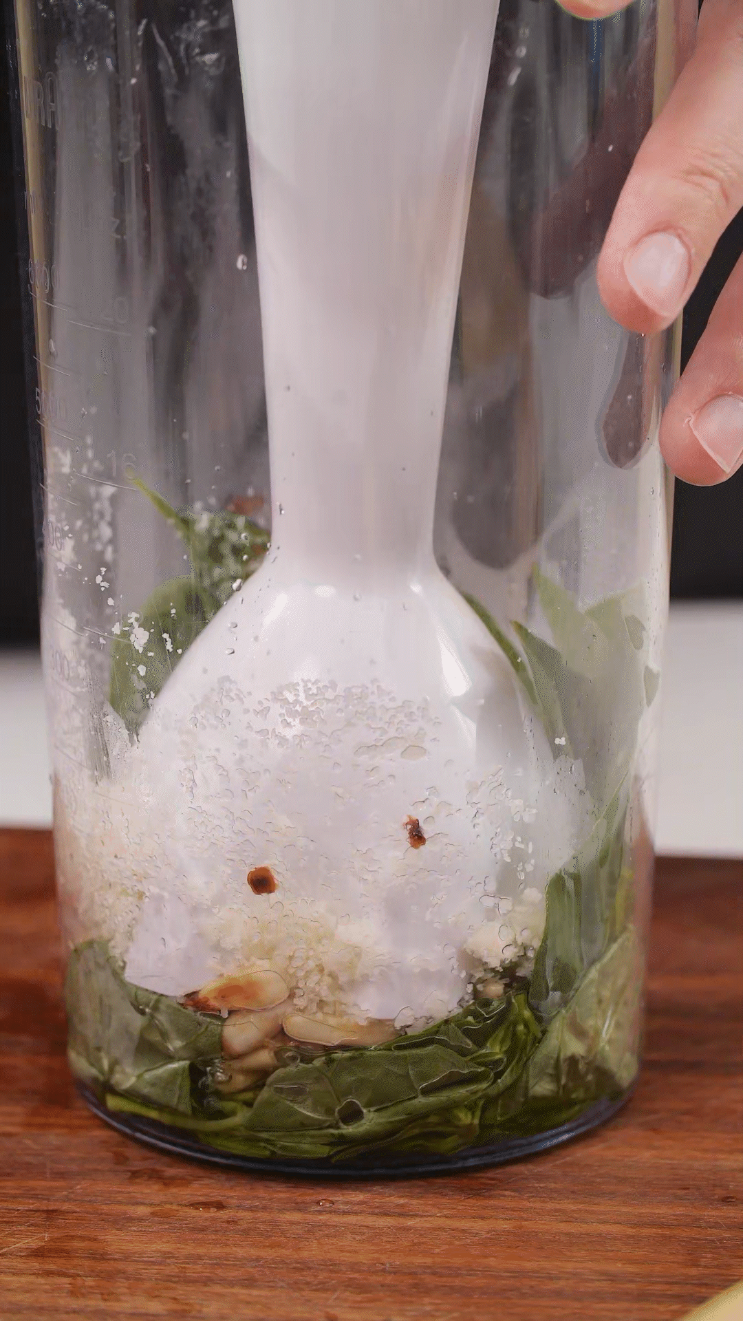 加入松子、現(xiàn)磨芝士碎、大蒜、鹽和檸檬汁、橄欖油，用手持料理機(jī)攪打細(xì)膩均勻
